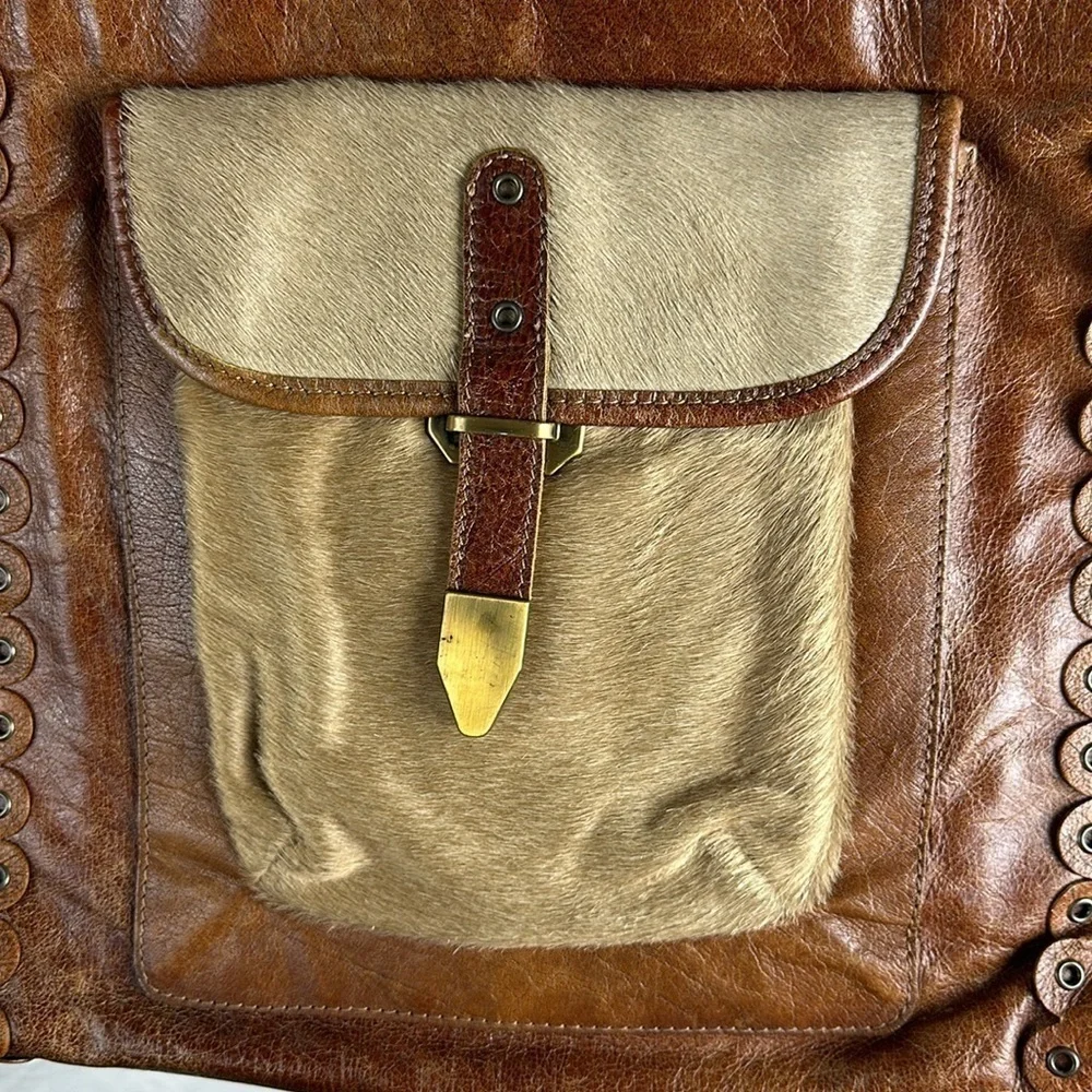 Vintage PRINCIPE Brown Leather COWHIDE PONY HAIR Satchel Crossbody Made in Italy
